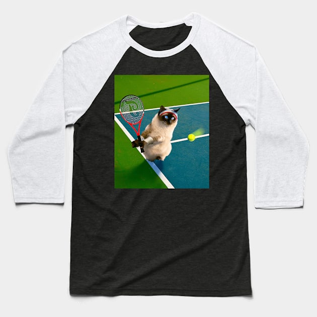 Siamese Cat Playing Tennis Baseball T-Shirt by Random Galaxy